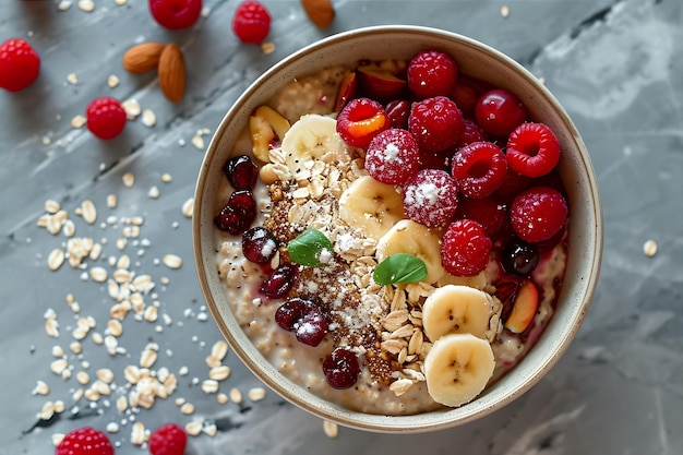 Foto porro de aveia para o pequeno-almoço com frutas e nozes