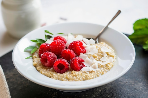 Porro de quinoa com framboesa e flocos de coco para o pequeno-almoço