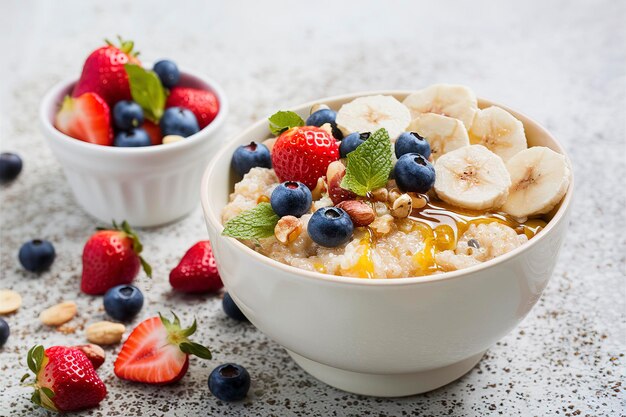 Porro de quinoa para o pequeno-almoço com frutas frescas numa tigela