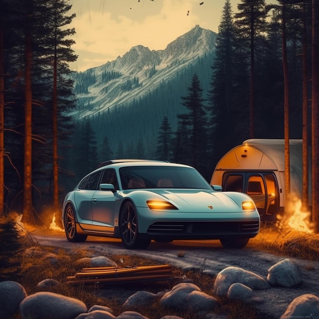Porsche 911 parkt vor einem Wohnmobil und im Hintergrund steht ein Wohnmobil.