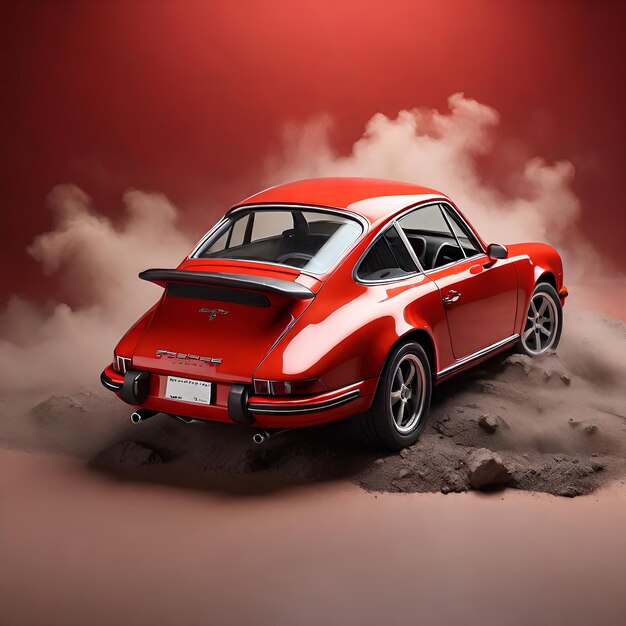 Foto porsche 911 rojo acompañado por una nube de polvo gris