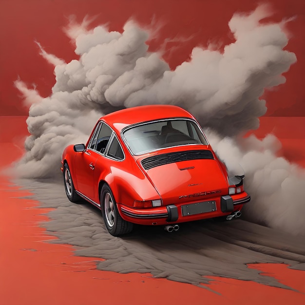 Porsche 911 rojo acompañado por una nube de polvo gris