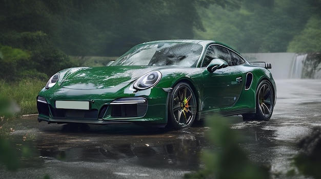 Un porsche 911 verde con un fondo verde