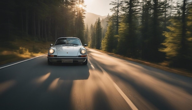 Porsche longe dirigindo por uma estrada montanhosa ventosa