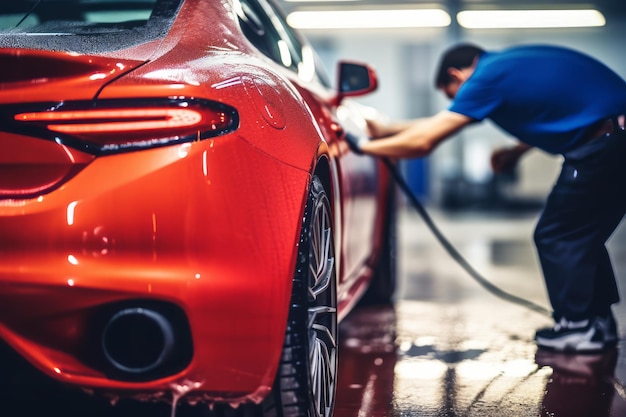 Un porsche rojo con la capota levantada está siendo lavado por un hombre con una camisa azul.