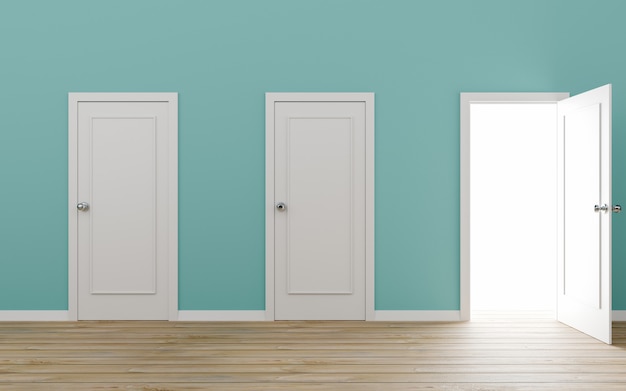 Foto porta aberta com ilustração 3d de parede azul