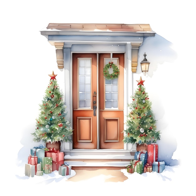 Porta aconchegante de Natal em aquarela do lado de fora