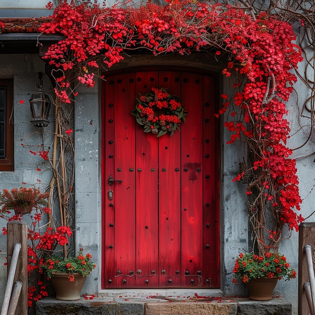 Porta adornada com Martisor vermelho brilhante