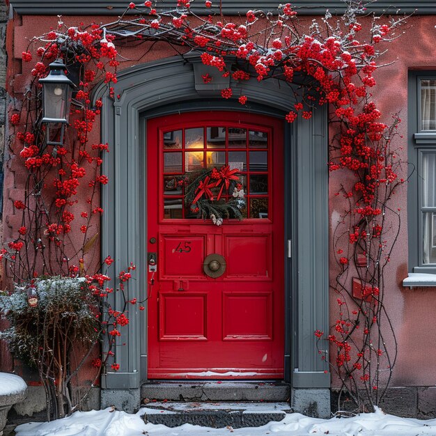 Porta adornada com martisor vermelho brilhante