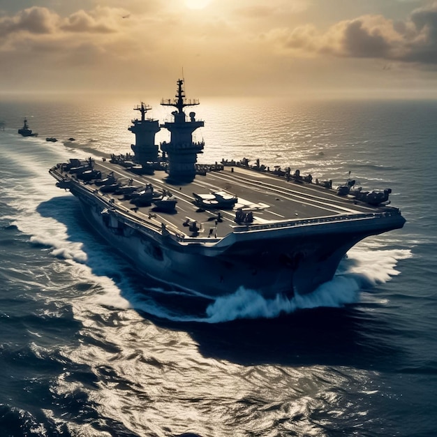 porta-aviões de combate no mar Ilustração 3D de um navio militar no oceano
