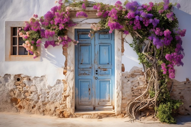 Porta azul com flores cor-de-rosa