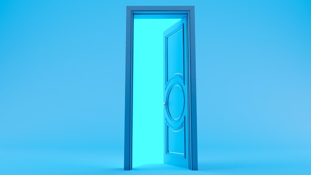 porta azul entrada aberta na sala de fundo colorido renderização 3d da porta aberta azul