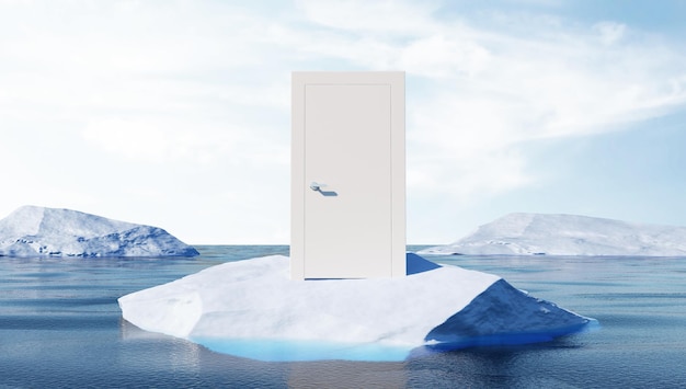 Porta branca fechada em iceberg no oceano