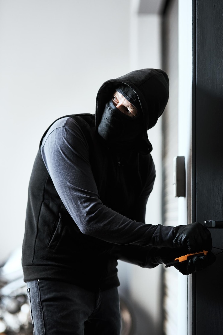 Foto porta da casa e homem como criminoso com ferramentas para roubo roubo e manipulação do mecanismo de fechadura ladrão de invasão de casa e crime por transgressão atividade ilegal e pessoa furtiva para missão