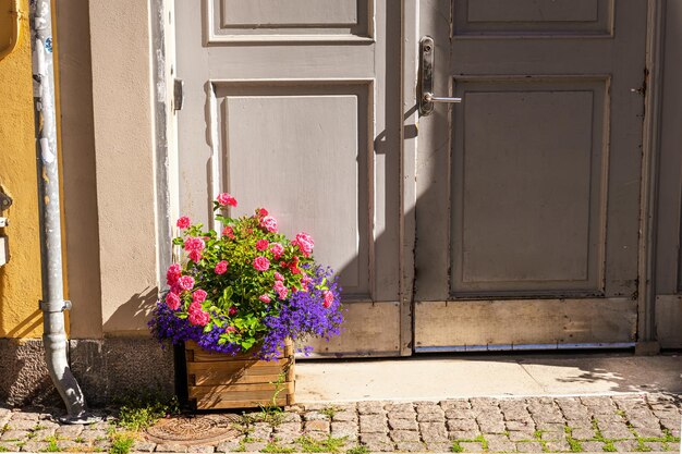 Porta da frente antiga e pavimento de pedra com vasos de flores