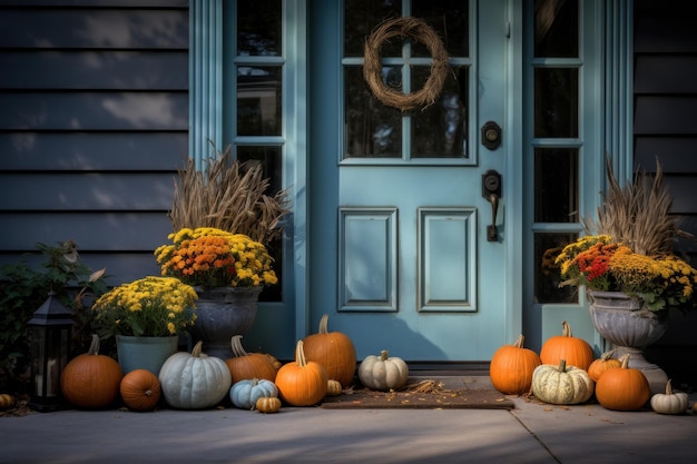 Porta da frente com decoração de outono abóboras e decorações de outono