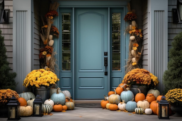 Porta da frente com decoração de outono abóboras e decorações de outono