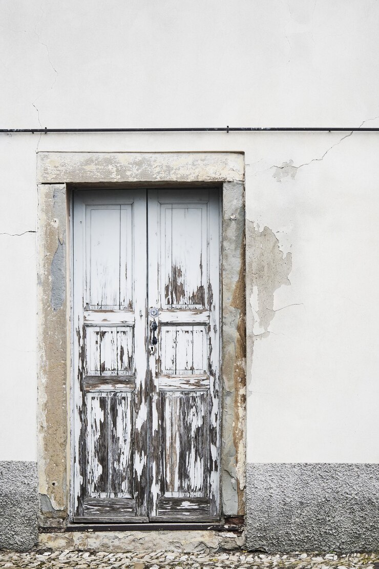 Foto porta da frente vintage com pintura descascada e parede com fachada de casa velha danificada pelo tempo em bérgamo, itália