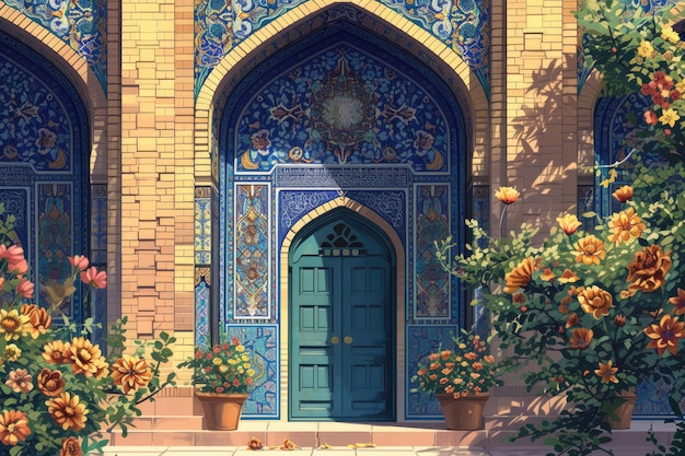 Foto porta da mesquita ao pôr-do-sol a mesquita é decorada com padrões islâmicos