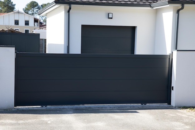Porta de acesso para casa de subúrbio deslizante cinza escuro de metal alto porta de casa de alumínio