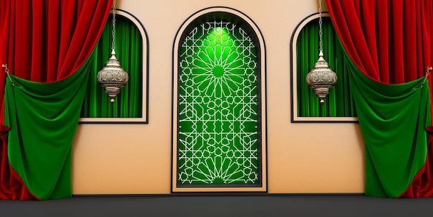 Porta de arco marroquina com cortinas verdes e vermelhas na lateral e estilo arabesco conceito vip islâmico ramadan eid mubarak cortinas verdes e vermelhas 3D render