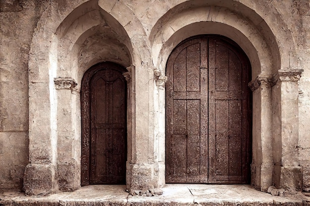 Porta de arco medieval marrom escuro na parede branca de mármore do templo