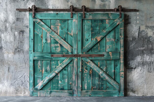 Porta de celeiro feita de madeira pintada de verde fundo rústico