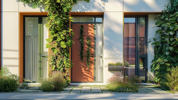 Porta de entrada verde e planta em casa de cidade Exterior de casa ecológica