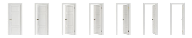 Porta de entre quartos isolada no fundo branco. conjunto de portas de madeira em diferentes estágios de abertura. renderização 3d.