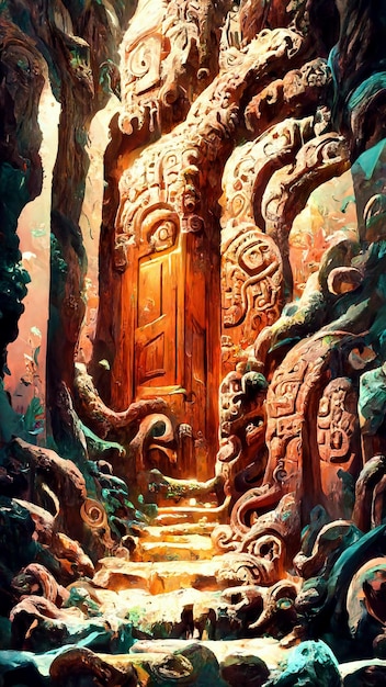 Porta de floresta de estilo maia sob a ilustração 3D do mar