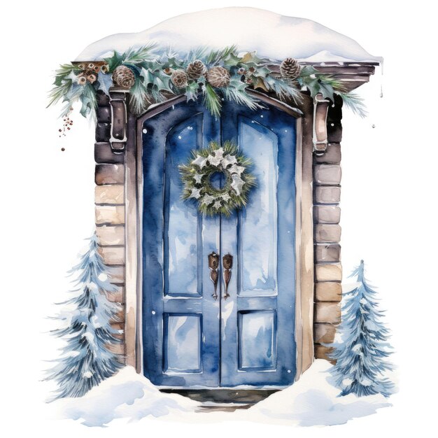 Porta de inverno com decorações de natal aquarela clipart isolado fundo branco