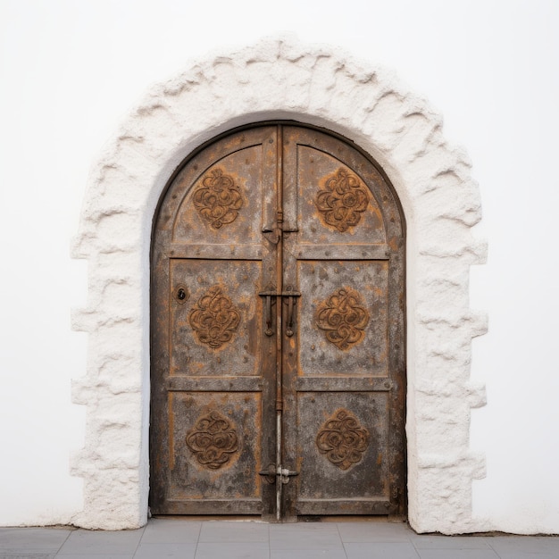 Porta de madeira de inspiração bizantina com textura intrincada em parede branca