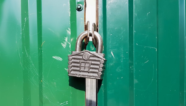 Foto porta de metal com fechadura, textura e fundo. textura de fundo de um cadeado de ferro em um portão de metal enferrujado.