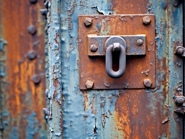 Porta de metal enferrujada com trava e rebites nela generativa ai