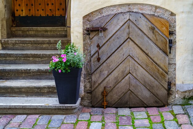 Porta de prancha de madeira muito velha ao lado do vaso de flores com flores. Tallinn