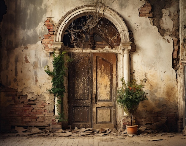 porta de um edifício antigo com uma planta em um pote ai gerador
