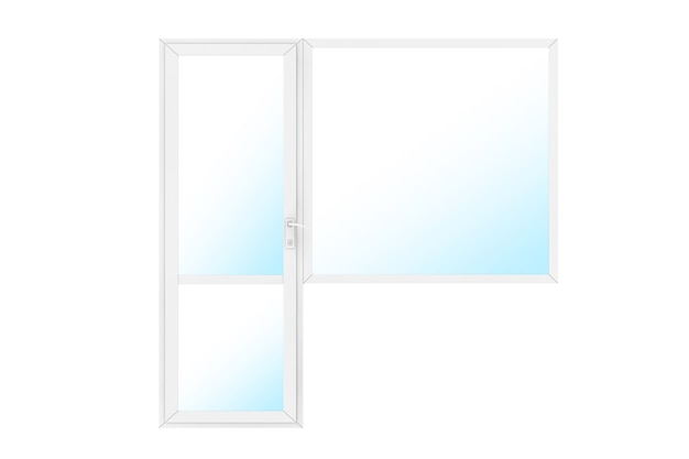 Porta e janela da varanda do pvc plástico do metal branco e janela em um fundo branco. renderização 3d