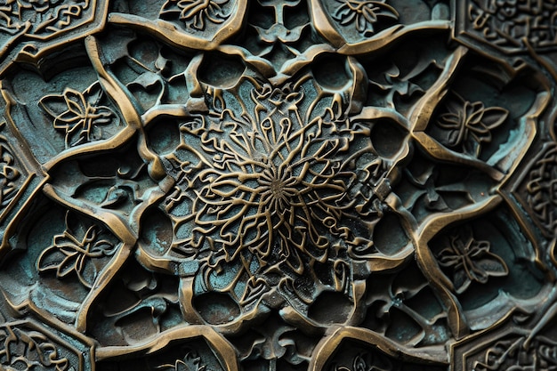 Porta e janela de metal com ornamentos florais marroquinos e de latão oriental
