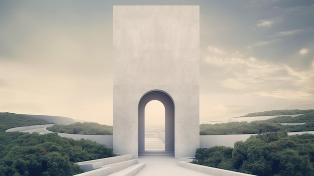 Porta espacial generativa de IA no sentido da paisagem surreal do conceito de cura