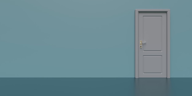 Porta fechada no espaço de cópia de fundo de parede azul vazio 3d