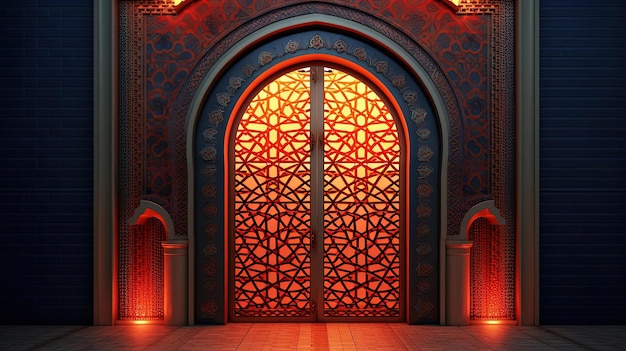 porta islâmica com luz e sombra vermelha 3d no estilo de marinha e carmesim
