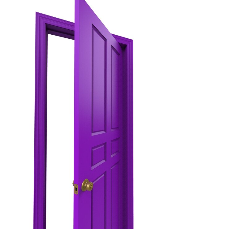 Foto porta isolada aberta, ilustração 3d fechada, renderização roxa
