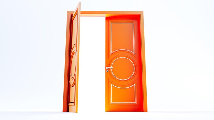 Foto porta laranja entrada aberta na sala de fundo colorido renderização 3d da porta aberta laranja passando pela porta dupla de abertura