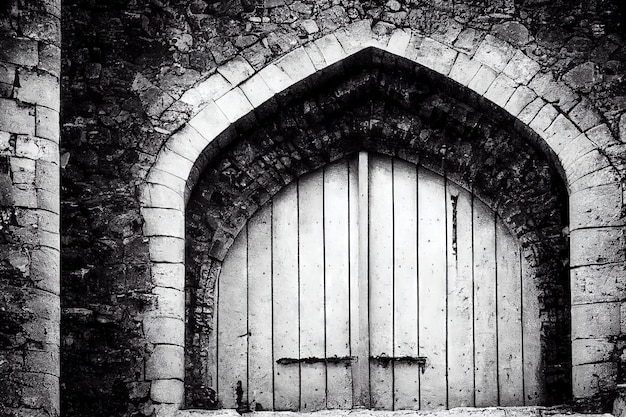 Porta medieval de madeira larga feita de barras na parede de pedra