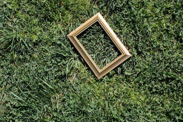 Porta-retrato de madeira em branco sobre fundo verde