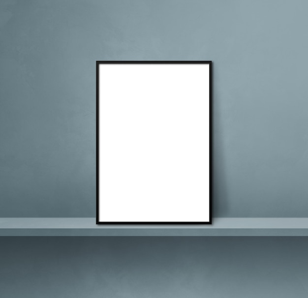 Foto porta-retrato preto encostado em uma prateleira cinza. ilustração 3d. modelo de maquete em branco. fundo quadrado
