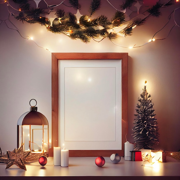 Porta-retrato sentado em cima de uma mesa ao lado de uma árvore de natal generativa ai