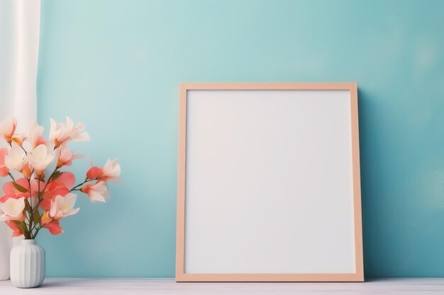 Porta-retratos vazio em tela em branco na mesa contra uma parede pastel azul serena aguardando memórias queridas