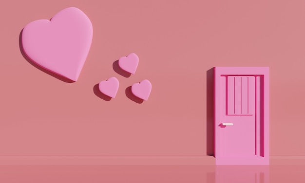 Porta rosa mínima e corações flutuantes com fundo rosa. ilustração 3d