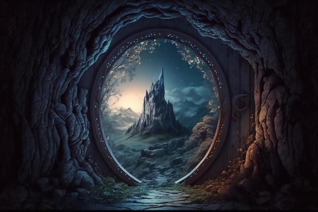 Porta secreta dos elfos na fantasia da montanha misteriosa Bela paisagem